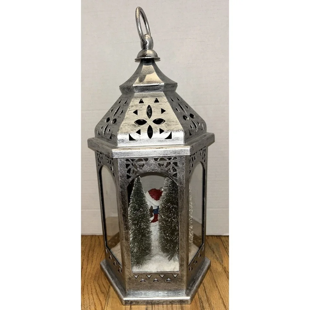 Christmas Silver Lantern Snowman Scene Trees‎ Light Lights Up Holiday Decor